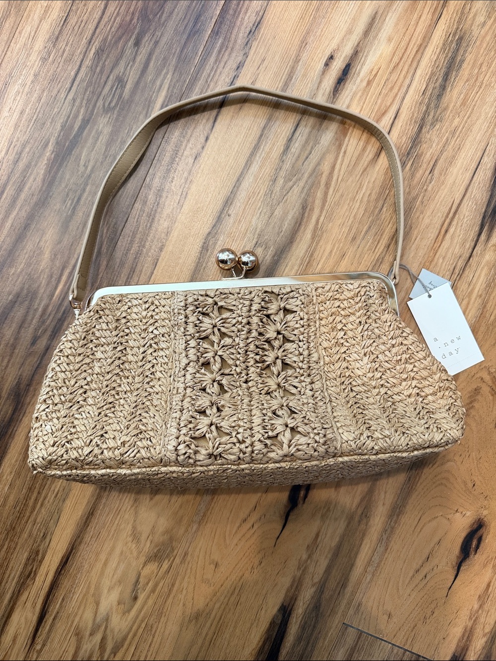 a new day Tan Woven Frame Clutch with Top Strap